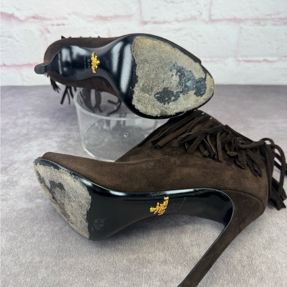 Prada Brown Fringe Peep-Toe Suede Heeled Boots Booties 37.5 - Picture 7 of 9